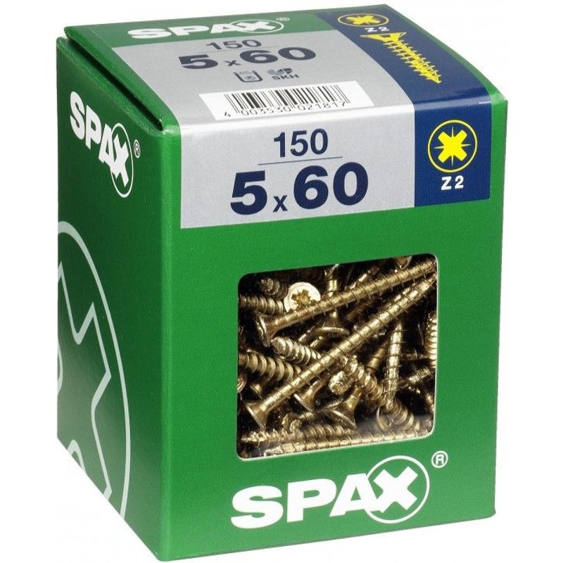 Lot de 150 vis acier tête fraisée pozidriv SPAX, Diam.5 mm x L.60 mm