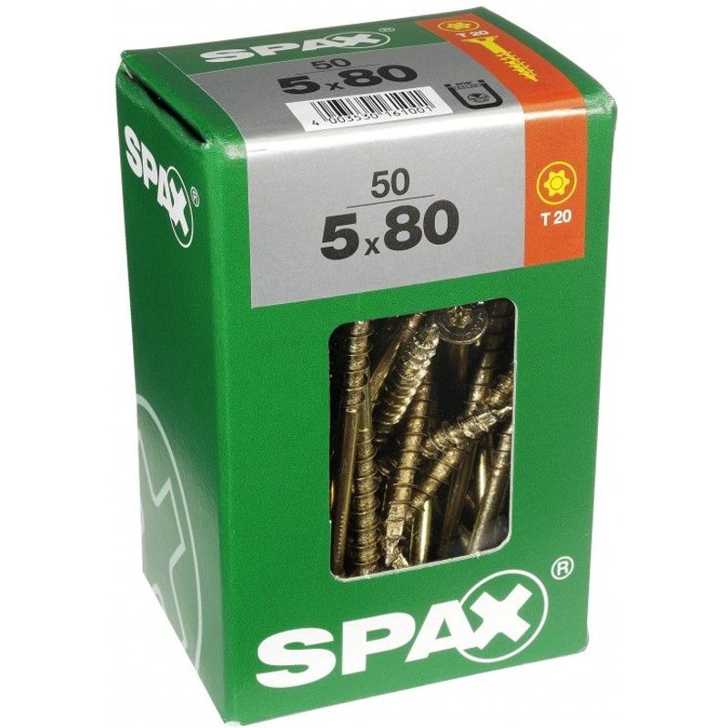 Lot de 50 vis acier tĂȘte fraisĂ©e torx SPAX, Diam.5 mm x L.80 mm