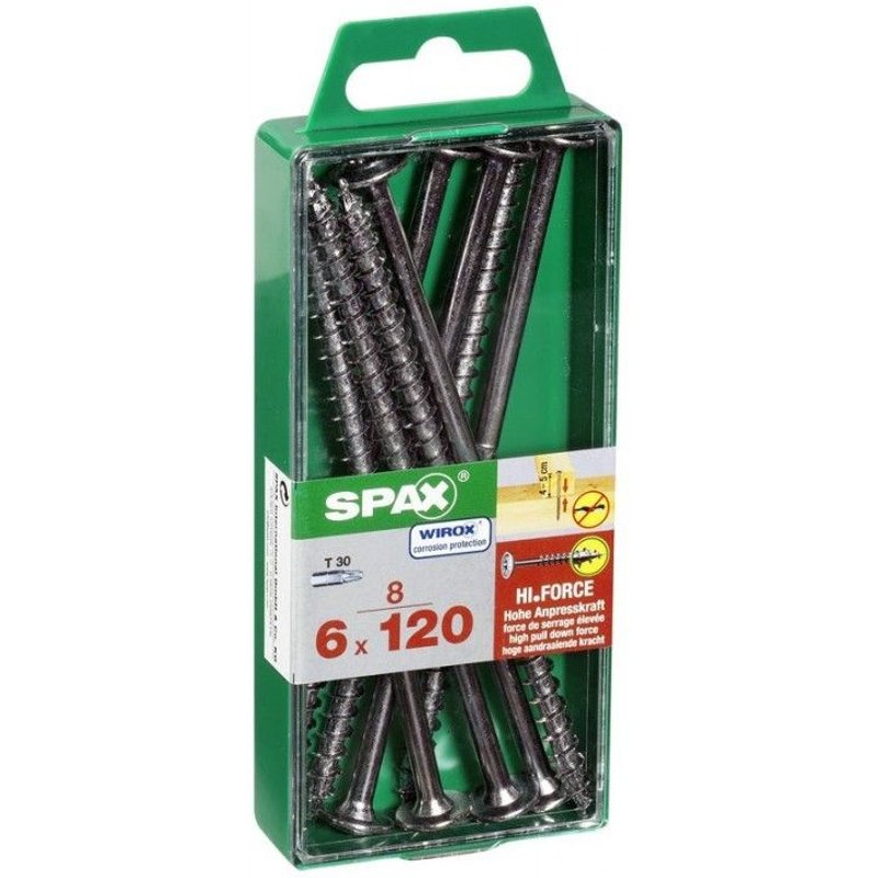 Lot de 8 vis acier tĂȘte fraisĂ©e bombĂ©e torx SPAX, Diam.6 mm x L.120 mm