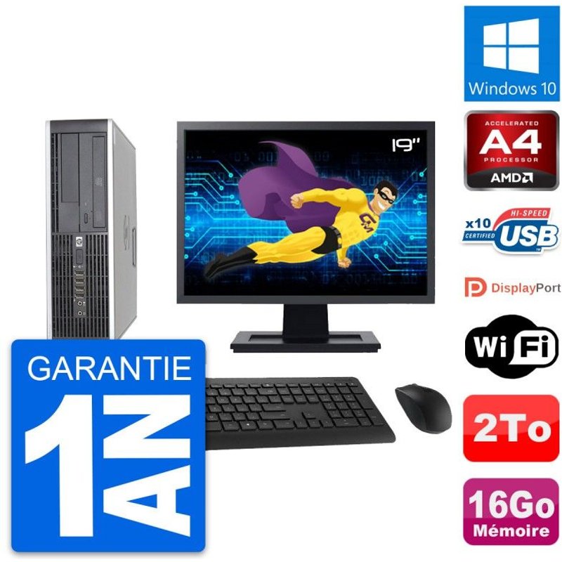 PC HP 6305 Pro SFF Ecran 19" AMD A4-5300B RAM 16Go Disque 2To Windows 10 Wifi