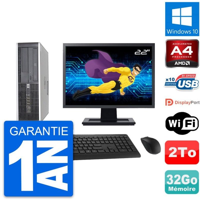 PC HP 6305 Pro SFF Ecran 22" AMD A4-5300B RAM 32Go Disque 2To Windows 10 Wifi