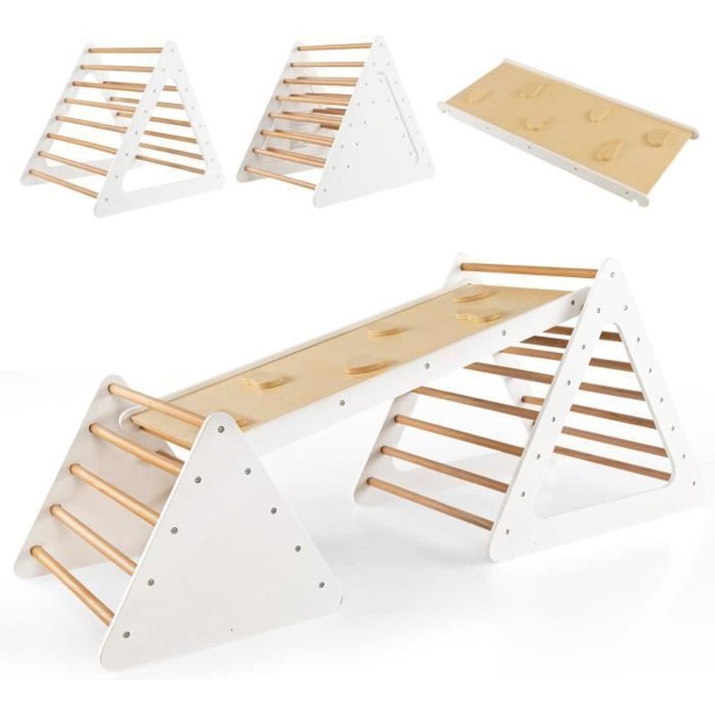 Costway Triangle D'escalade 3 En 1 : Grimper Et Glisser Pour Enfants, 2 Échelles Triangle, Rampe Réversible Beige