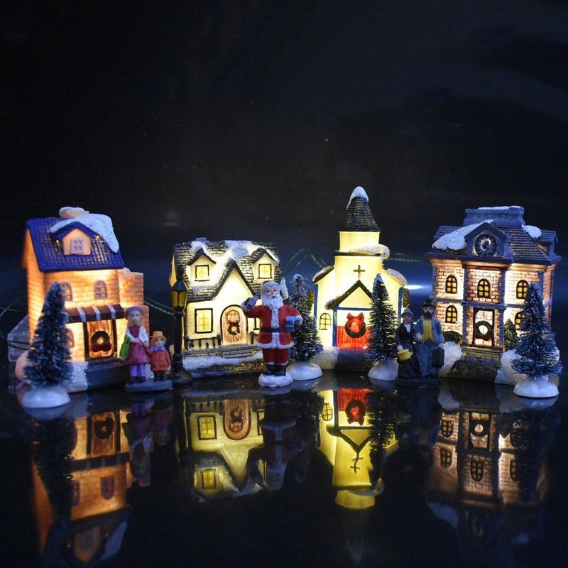 Ensemble de figurines miniatures de noël père noël, 10 pièces, maison de neige, éclairage LED lumineux, magasin d'arbre de noël, décorations de Statue de Village