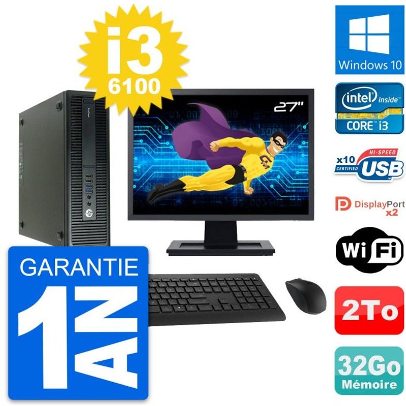 PC HP 600 G2 SFF Ecran 27" Intel i3-6100 RAM 32Go Disque Dur 2To Windows 10 Wifi