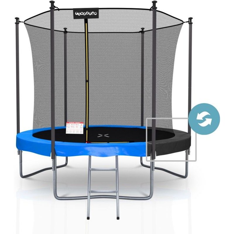 Trampoline Extérieur Classique 8ft Ø244cm Avec Coussin De Protection Réversible Bleu/Noir, Echelle Et Filet De Sécurité