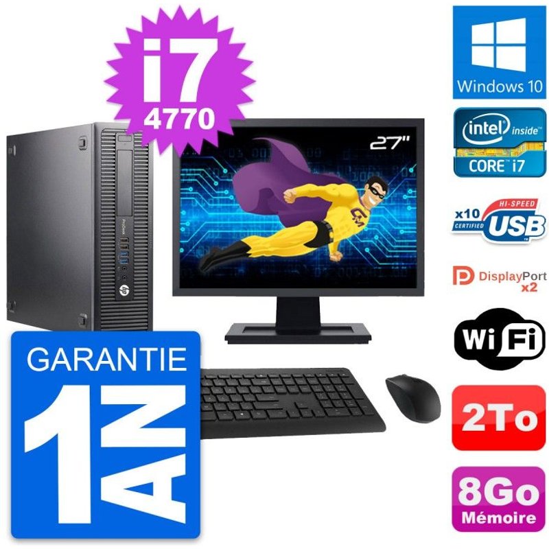 PC HP 600 G1 SFF Ecran 27" Intel Core i7-4770 RAM 8Go Disque 2To Windows 10 Wifi