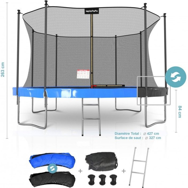 Trampoline De Jardin Classique 14ft Ø427cm Pack Trampo Avec Matelas Réversible Bleu/Noir, Echelle, Filet De Sécurité