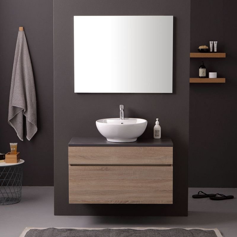 Meuble De Salle De Bain 90cm Avec Plan En Ardoise Pour Lavabo D'appui En Céramique Sole