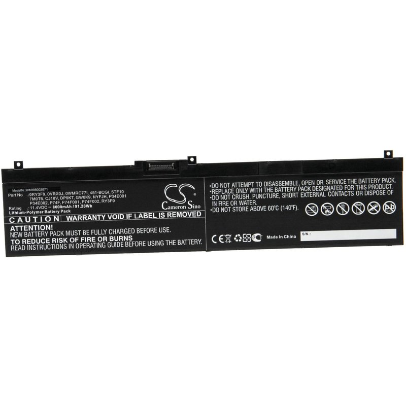 vhbw Batterie compatible avec Dell Precision GW0K9, NYFJH, P34E001, P34E002, P74F, P74F001 ordinateur portable Notebook (8000mAh, 11,4V, Li-polymère)