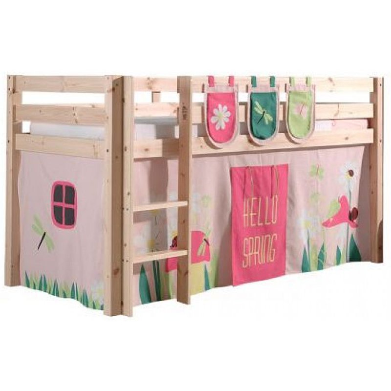 Vipack Pino Lit Compact Pin Massif Naturel + Rideau De Lit Spring + 3 Pochettes Spring