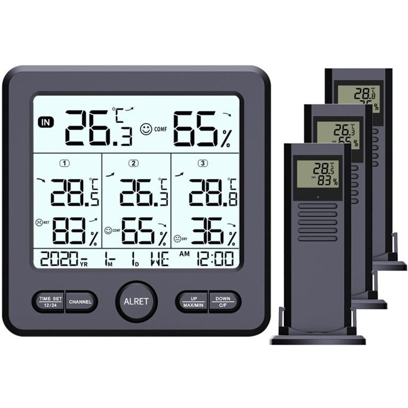 Thermomètre/hygromètre numérique avec 3 capteurs déportés Le noir