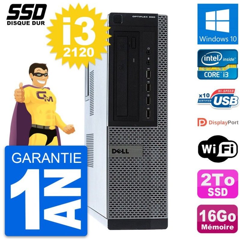 PC Dell OptiPlex 990 DT Intel Core i3-2120 RAM 16Go SSD 2To Windows 10 Wifi