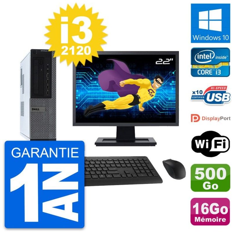 PC Dell 990 DT Ecran 22" Intel i3-2120 RAM 16Go Disque Dur 500Go Windows 10 Wifi