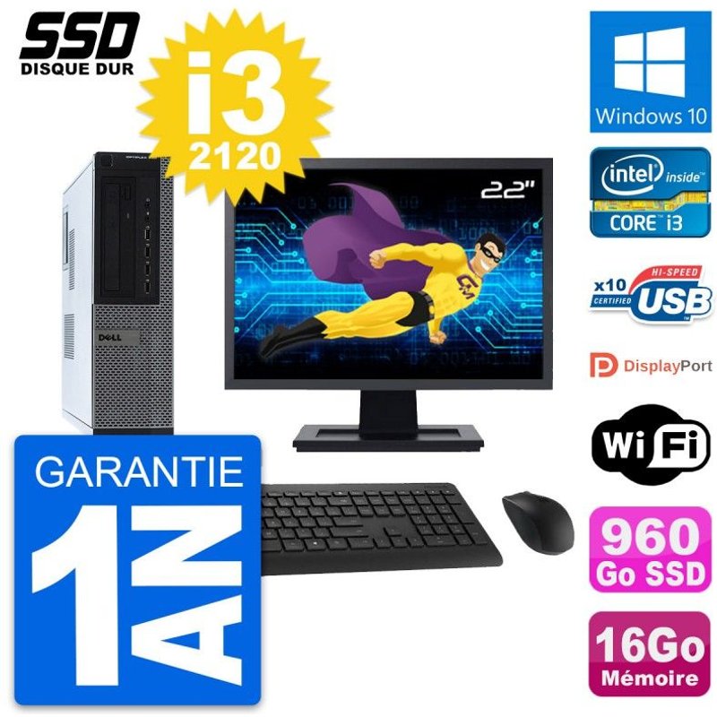 PC Dell 990 DT Ecran 22" Intel Core i3-2120 RAM 16Go SSD 960Go Windows 10 Wifi