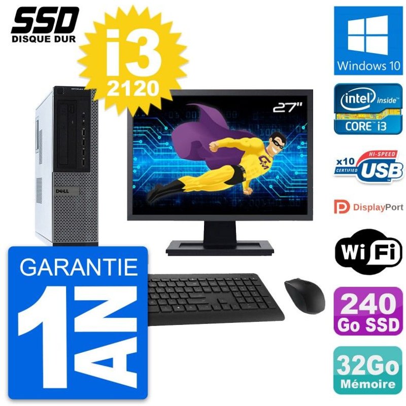 PC Dell 990 DT Ecran 27" Intel Core i3-2120 RAM 32Go SSD 240Go Windows 10 Wifi