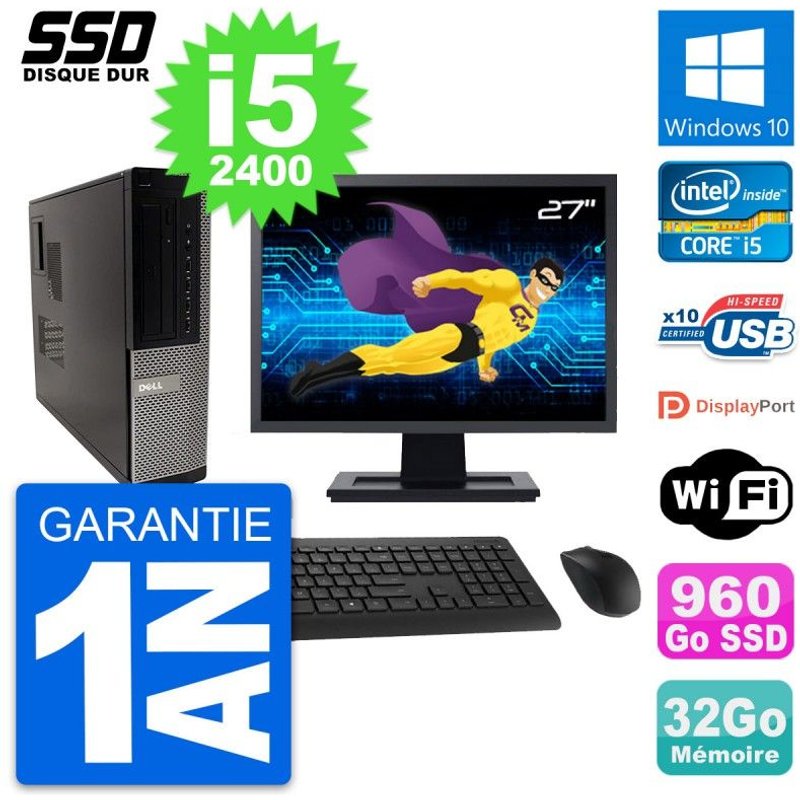 PC Dell 990 DT Ecran 27" Intel Core i5-2400 RAM 32Go SSD 960Go Windows 10 Wifi