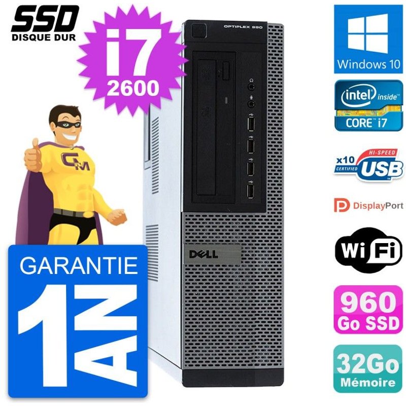 PC Dell OptiPlex 990 DT Intel Core i7-2600 RAM 32Go SSD 960Go Windows 10 Wifi
