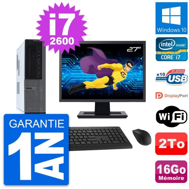 PC Dell 990 DT Ecran 27" Intel i7-2600 RAM 16Go Disque Dur 2To Windows 10 Wifi