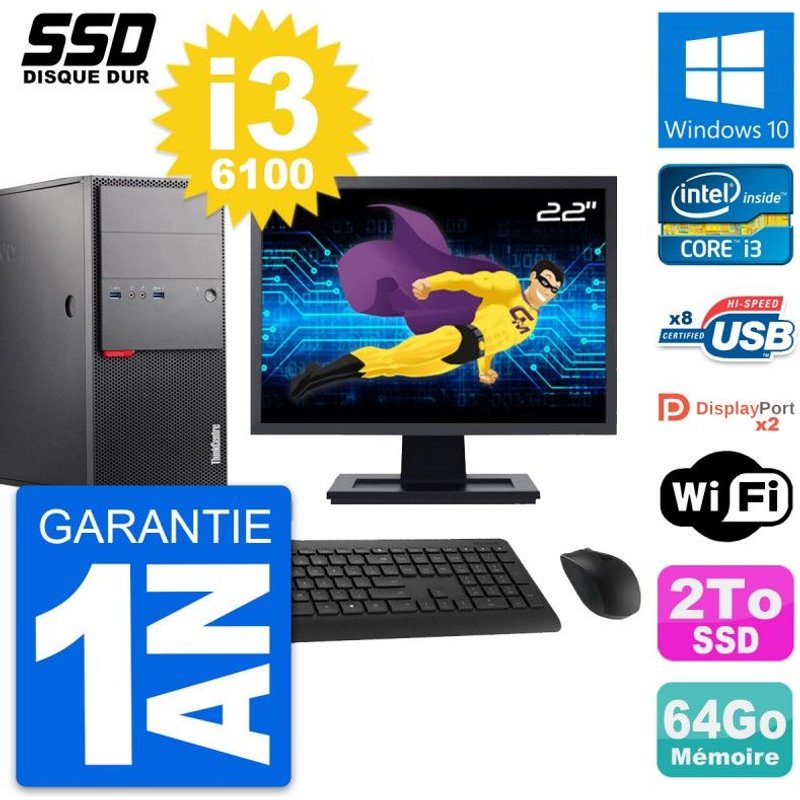 PC Tour Lenovo M900 Ecran 22" Intel i3-6100 RAM 64Go SSD 2To Windows 10 Wifi