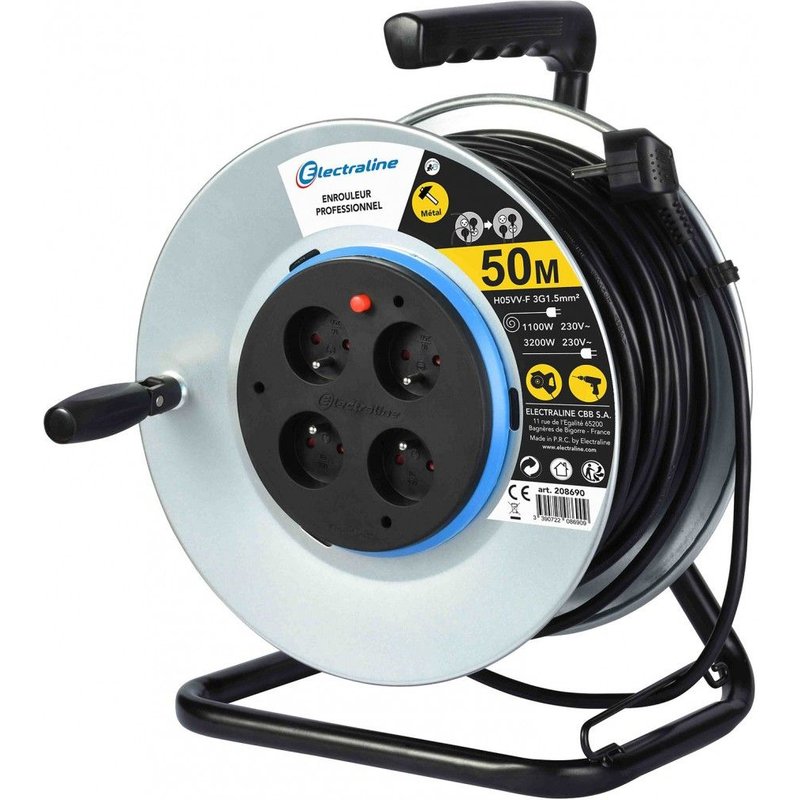 Enrouleur de câble électrique bricolage avec terre L. 50 m ho5vvf 3g1.5