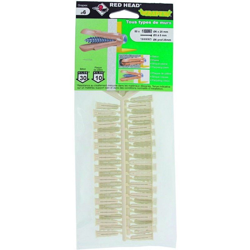Lot de 50 chevilles Ă expansion grapex RED HEAD, Diam.6 x L.25 mm