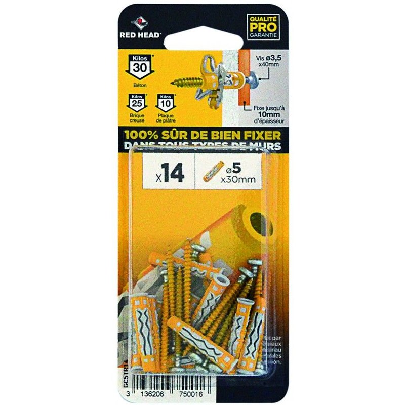 Lot de 14 chevilles et vis couleur RED HEAD, Diam.5 mm x L.30 mm