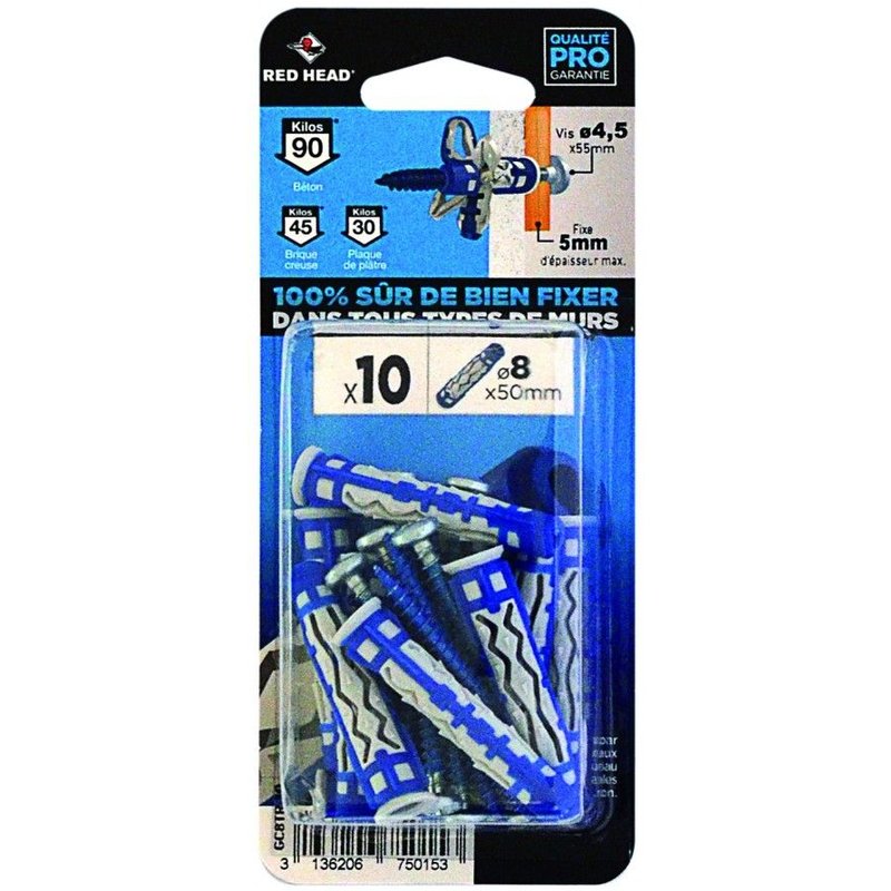 Lot de 10 chevilles et vis couleur RED HEAD, Diam.8 mm x L.50 mm