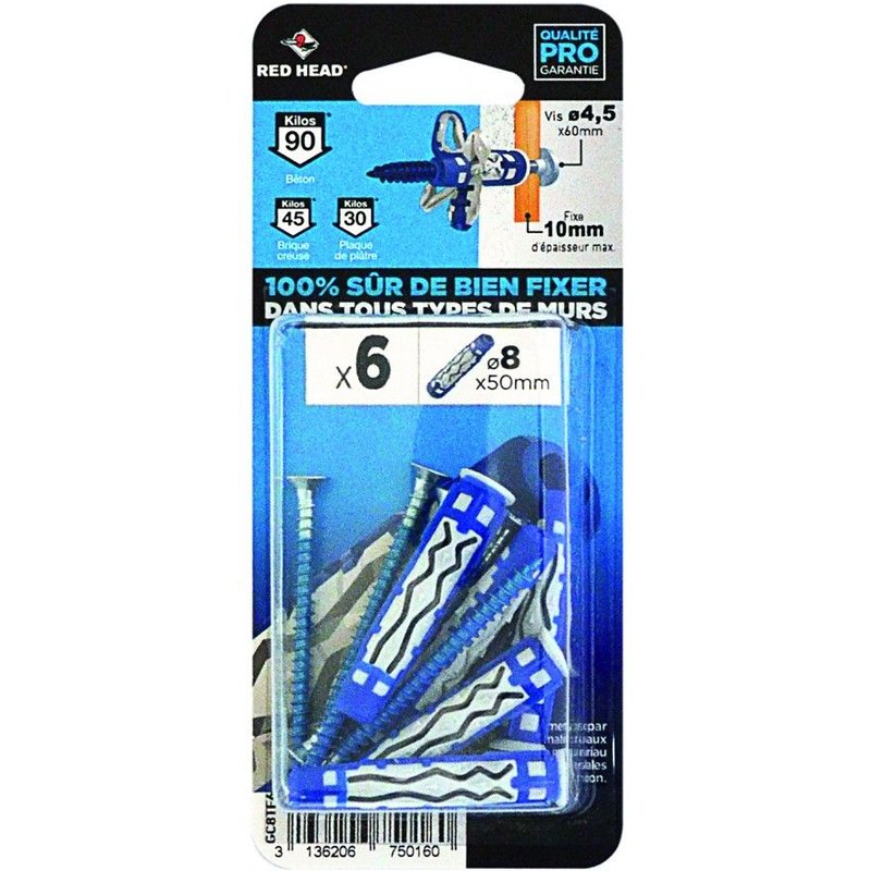 Lot de 6 chevilles et vis couleur RED HEAD, Diam.8 mm x L.50 mm