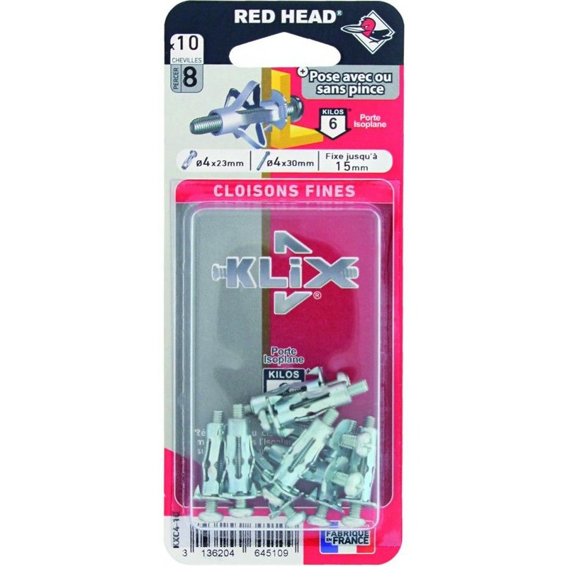 Lot de 10 chevilles et vis Ă expansion klix KXC410 RED HEAD, Diam.8 x L.23 mm