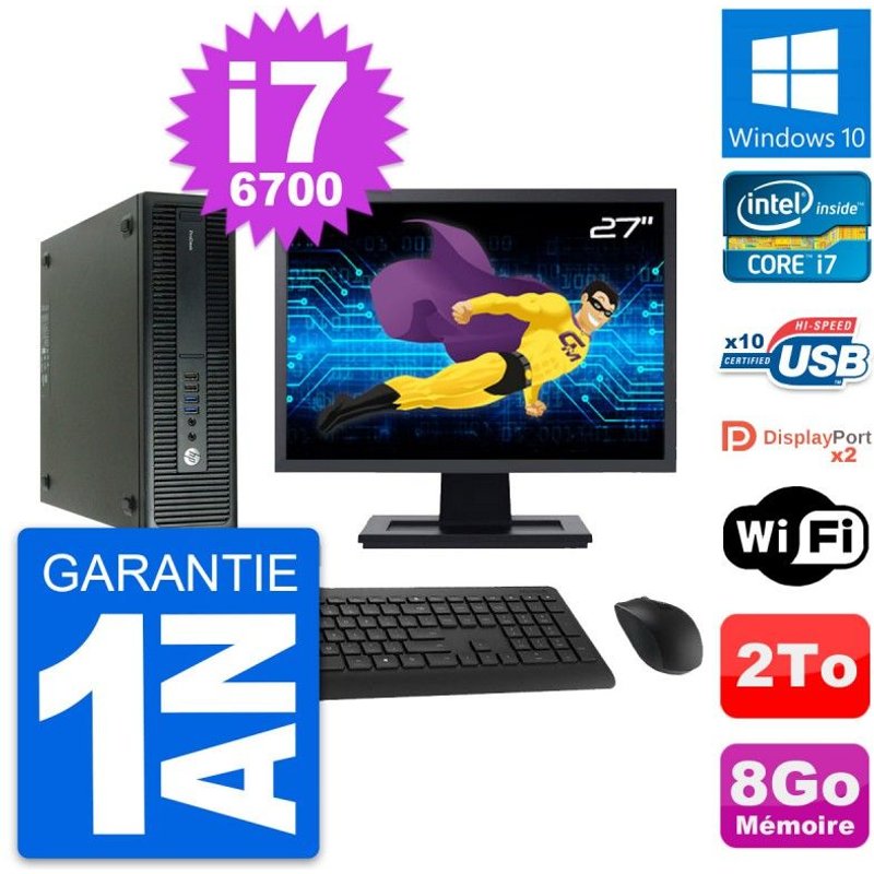 PC HP 600 G2 SFF Ecran 27" Intel Core i7-6700 RAM 8Go Disque 2To Windows 10 Wifi