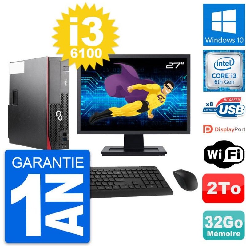 PC Fujitsu D556 DT Ecran 27" Intel i3-6100 RAM 32Go Disque 2To Windows 10 Wifi