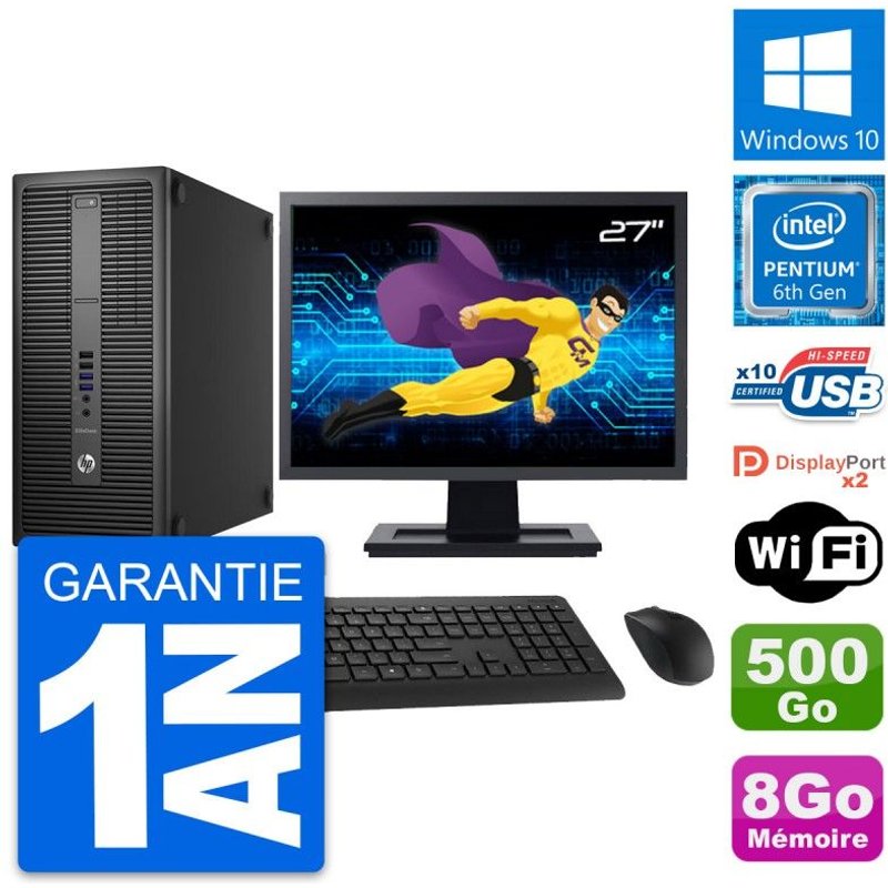PC Tour HP 800 G2 Ecran 27" Intel G4400 RAM 8Go Disque 500Go Windows 10 Wifi