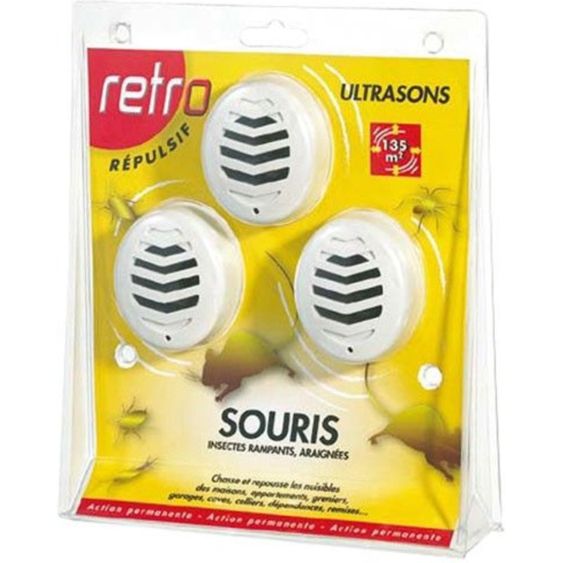 Répulsif ultrasons souris insectes rampants - 135 m² - Lot de 3 émetteurs