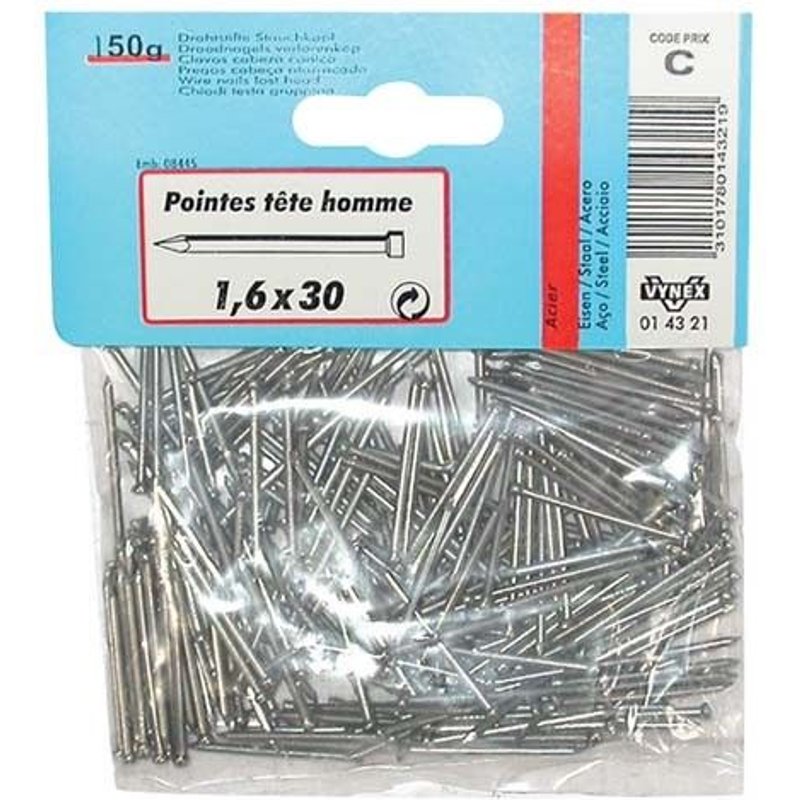 Pointe tête homme - acier brut - 1.3x27 mm