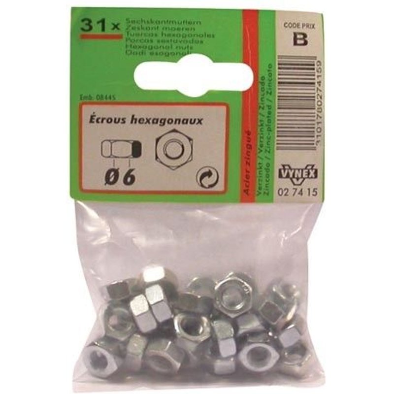 Ecrou hexagonal - acier zingué - 6 pans - D: 6 mm