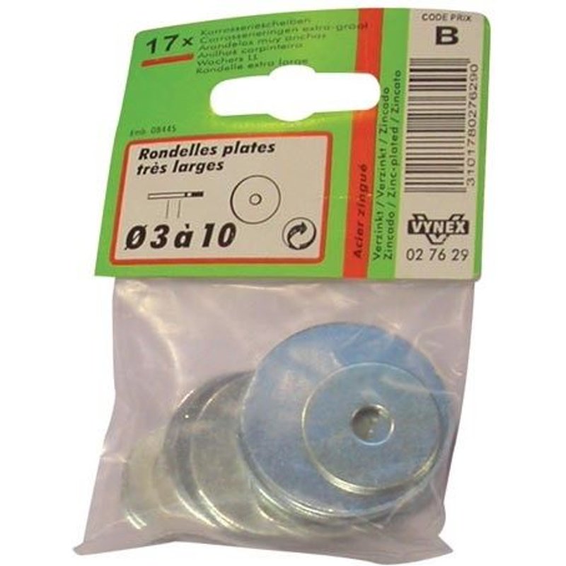 Rondelle - plate large - acier zingué - D: 6-8-10 mm