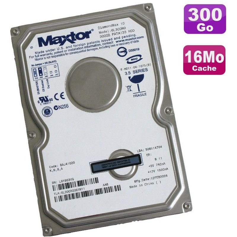 Disque Dur 300Go IDE ATA 3.5" Maxtor DiamondMax 10 6L300R0 7200RPM 16Mo