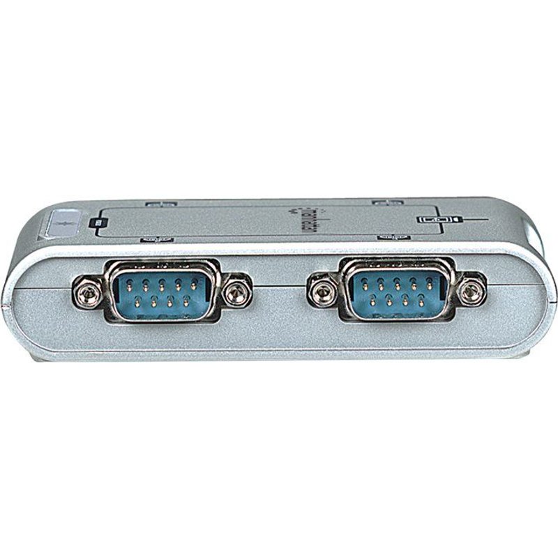 Manhattan USB-A to 4x Serial Port Converter, Male to Male, Serial/RS232, MosChip MCS7840, Automatic IRQ and I/O address selection, Bus powered, Silver, Three Year Warranty, Boxed - Adaptateur...