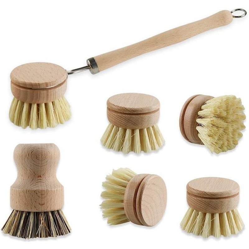 Ensemble de 6 brosses à vaisselle en bois, avec poils en fibres naturelles et manche en bois, brosse de lavage en bois avec intercalaire