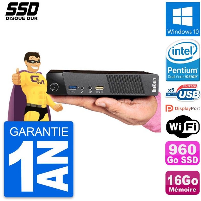 Ultra Mini PC Lenovo M93p Tiny Intel G3220T RAM 16Go SSD 960Go Windows 10 Wifi