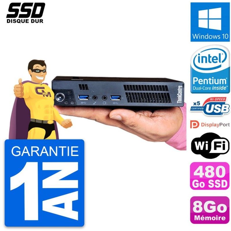 Ultra Mini PC Lenovo M92p Tiny Intel G2020T RAM 8Go SSD 480Go Windows 10 Wifi