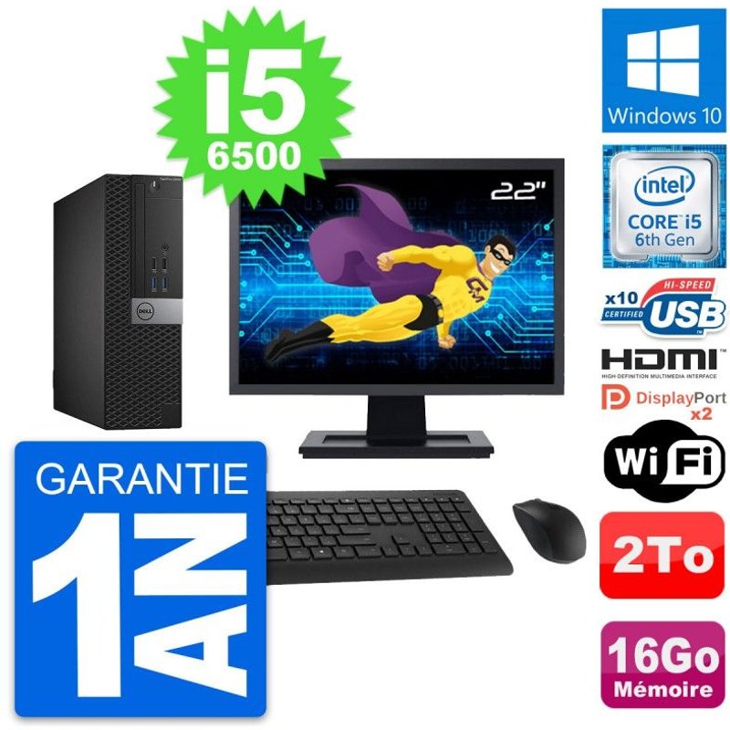 PC Dell 5040 SFF Ecran 22" Core i5-6500 RAM 16Go Disque 2To HDMI Windows 10 Wifi