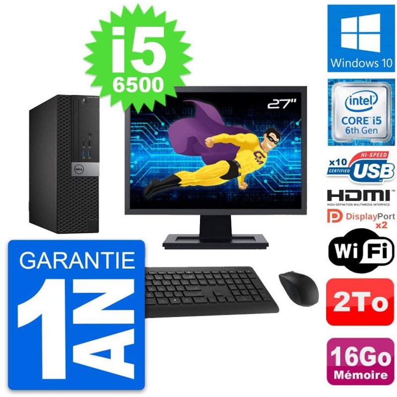 PC Dell 5040 SFF Ecran 27" Core i5-6500 RAM 16Go Disque 2To HDMI Windows 10 Wifi