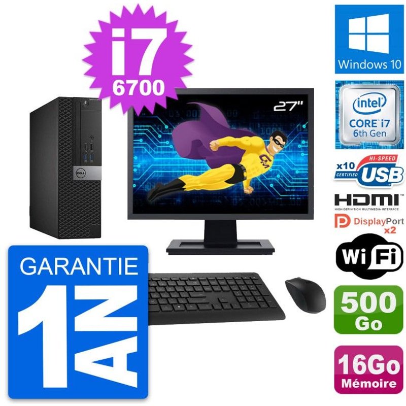 PC Dell 5040 SFF Ecran 27" i7-6700 RAM 16Go Disque 500Go HDMI Windows 10 Wifi