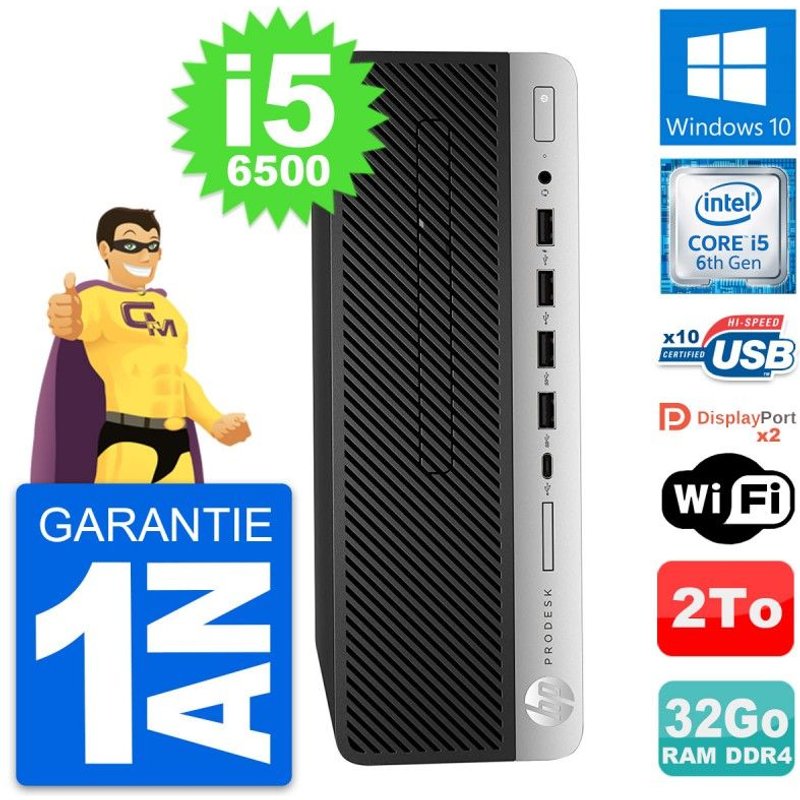 PC HP ProDesk 600 G3 SFF Intel Core i5-6500 RAM 32Go Disque 2To Windows 10 Wifi