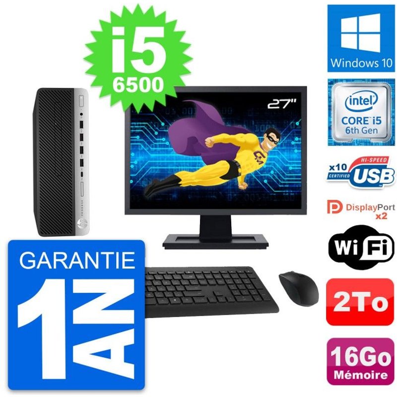 PC HP 600 G3 SFF Ecran 27" Intel i5-6500 RAM 16Go Disque Dur 2To Windows 10 Wifi