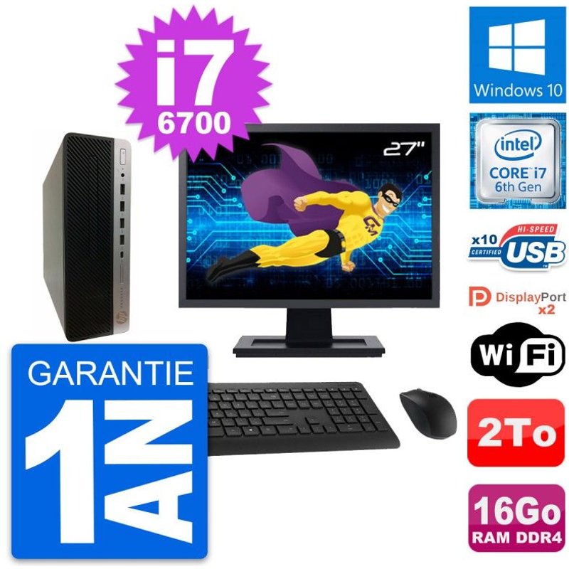 PC HP 600 G3 SFF Ecran 27" Intel i7-6700 RAM 16Go Disque Dur 2To Windows 10 Wifi