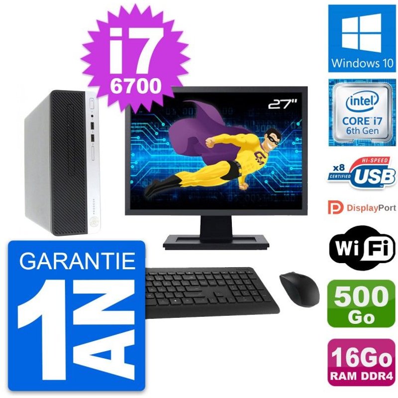 PC HP 400 G4 SFF Ecran 27" Intel i7-6700 RAM 16Go Disque 500Go Windows 10 Wifi