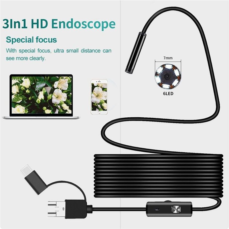 Caméra endoscopique 3 en 1, 7.0mm, objectif vidéo serpent, Endoscope, Endoscope rigide Semi rigide, caméra d'inspection de voiture pour la durabilité