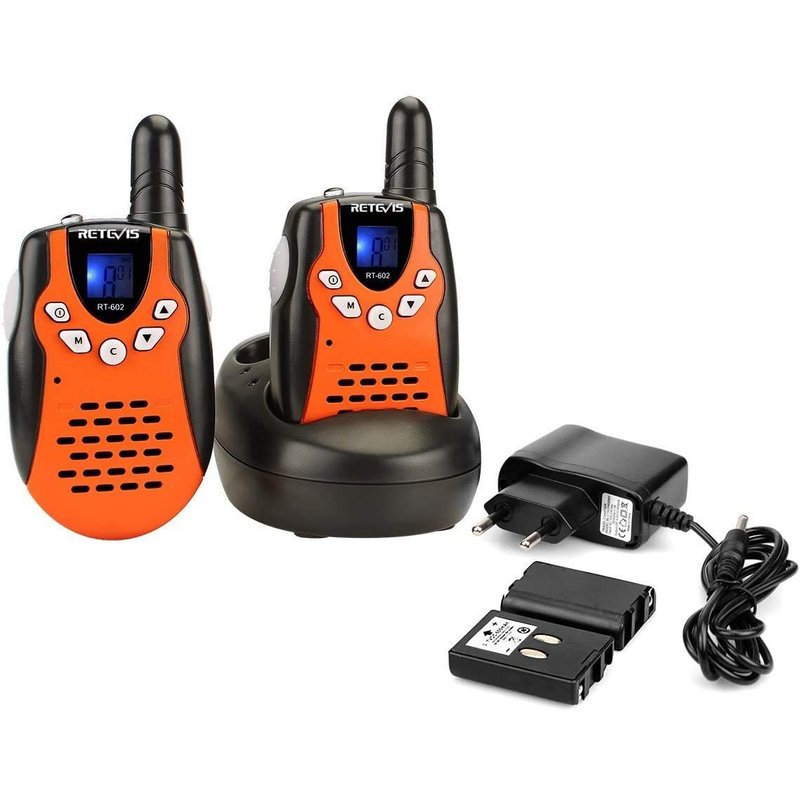 talkie walkie 8 canaux avec lampe torche et batteries et chargeur orange noir
